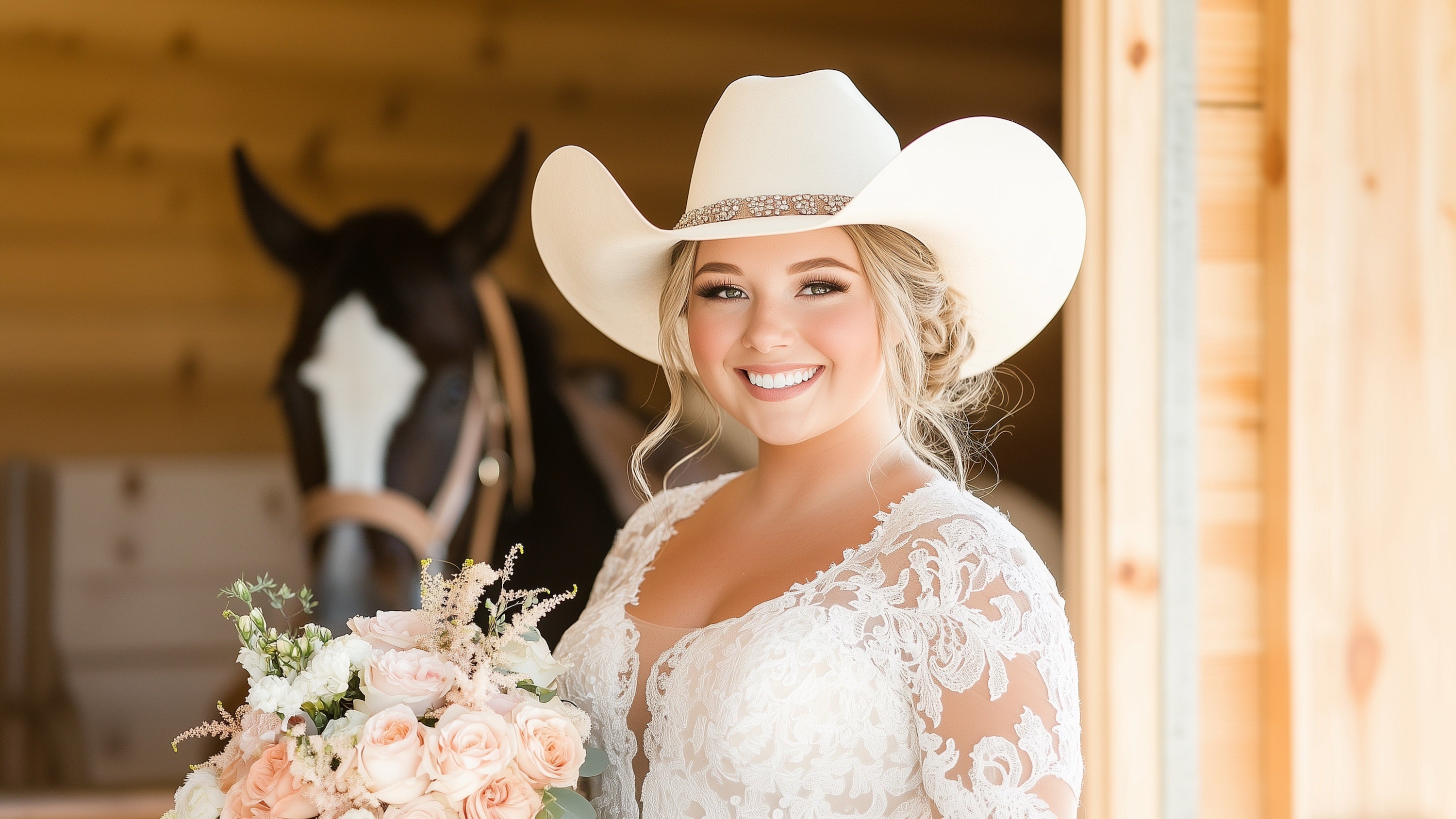 Woman in white lace dress wearing a  hat from wild pony hat bar, holding a bouquet in a barn.