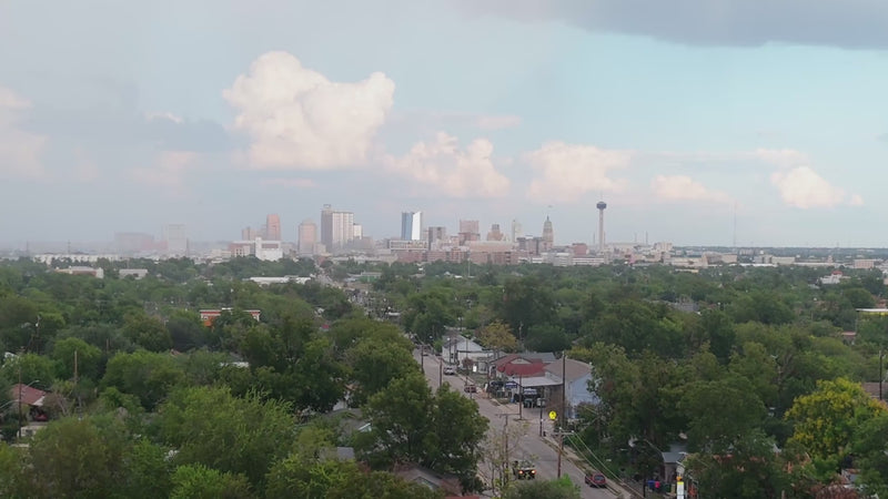 Aerial view of the restored Basila Frocks building and lawn on San Antonio's West Side